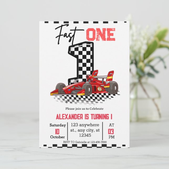 Invitación Cumpleaños Niño 1er Velocidad Rápida Roja (Anverso de pie)