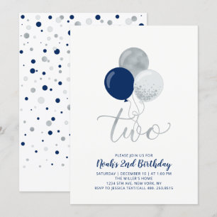 Invitación Cumpleaños niño 2 años globos azul marino y plata
