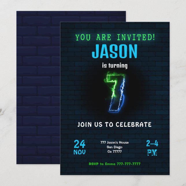 Invitación cumpleaños niño 7 años (Anverso / Reverso)