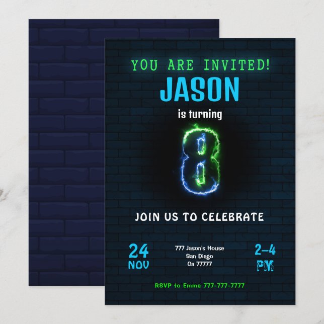 Invitación cumpleaños niño 8 años (Anverso / Reverso)