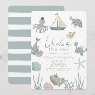 Invitación Cumpleaños Niño Azul Criaturas Bajo el Mar