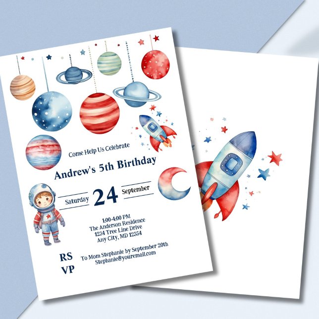 Invitación Cumpleaños Niño Azul Rojo Astronauta Planetas Niño (Space astronaut rockets planets boys birthday invitation, Red blue, Printed Digital)