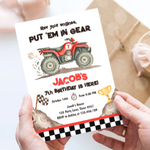 Invitación Cumpleaños niño carreras Quad ATV pista de tierra