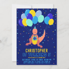 Invitación Cumpleaños Niño Globo Azul Amarillo Dinosaurio Con