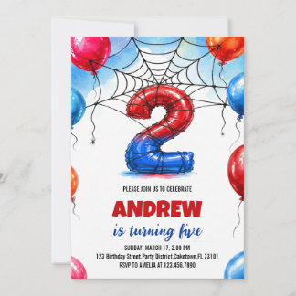 Invitación Cumpleaños Niño Globos Telaraña Superhéroe Araña