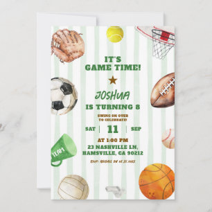 Invitación Cumpleaños niño hora de juego deportes rayas verde