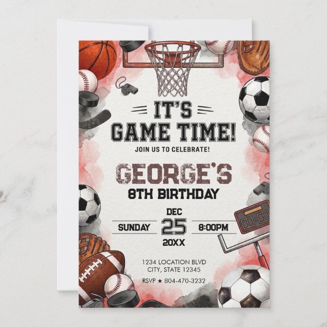 Invitación Cumpleaños niño pelotas deportivas (Anverso)