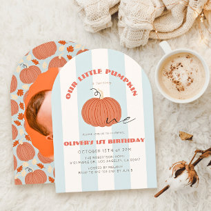 Invitación Cumpleaños Niño Pequeña Calabaza Rayas Azules Foto