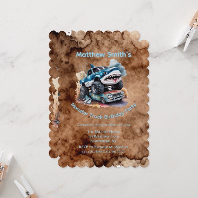 Invitación Cumpleaños Niño Salpicadura de Lodo Camión Monstru (Anverso/Reverso In Situ)