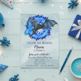 Invitación Cumpleaños Niño Serpiente Fuego Azul Dragón