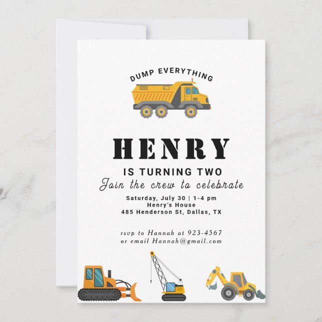 Invitación Cumpleaños Niño Vehículos de Construcción (Anverso)