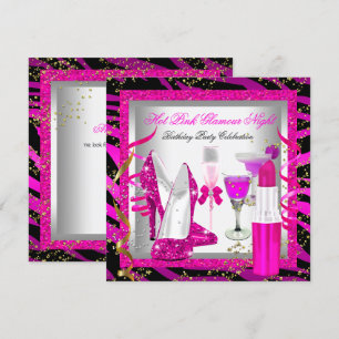 Invitación Cumpleaños Nocturno de Glamour Cebra Rosa Brillant