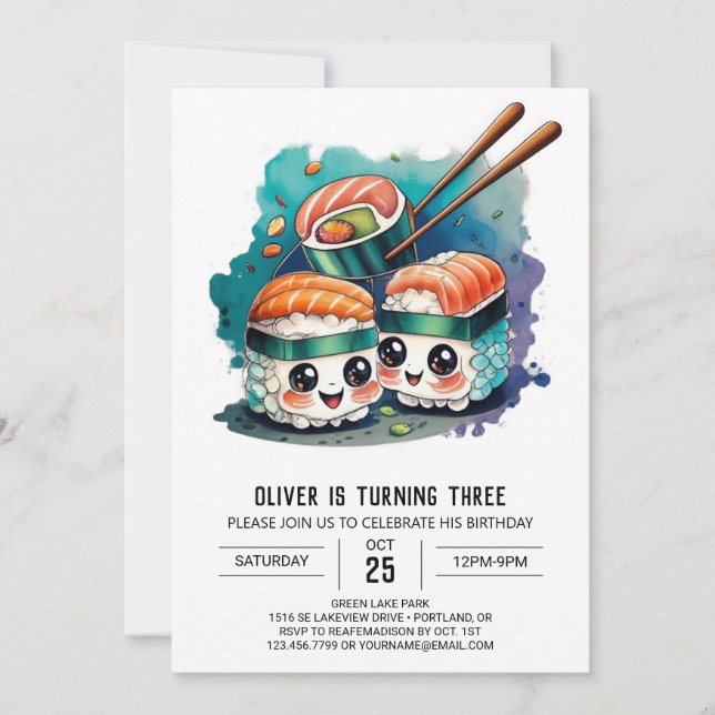 Invitación Cumpleaños nocturno de Sushi (Anverso)