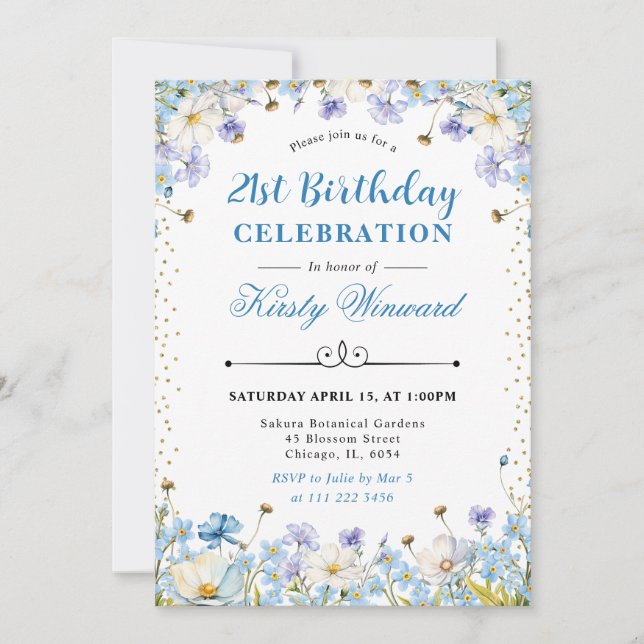Invitación Cumpleaños Nomeolvides Flores Silvestres Blancas A (Anverso)