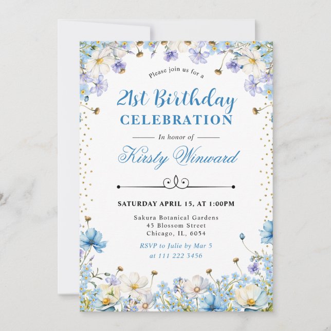 Invitación Cumpleaños Nomeolvides Flores Silvestres Blancas A (Anverso)