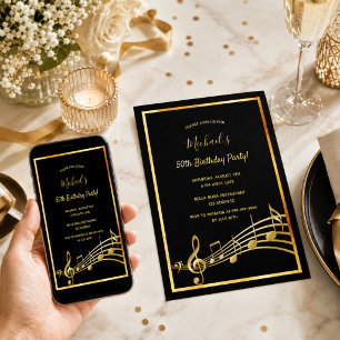 Invitación Cumpleaños notas musicales de oro negro