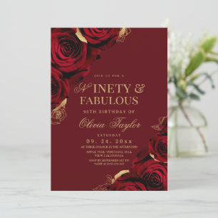 Invitación Cumpleaños noventa y fabulosas rosas de Burdeos