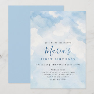 Invitación Cumpleaños Nube Acuarela Azul Suave Personalizado
