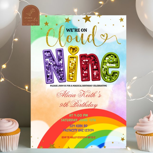 Invitación Cumpleaños Nueve Nube Colorida Arcoíris (Subido por el creador)