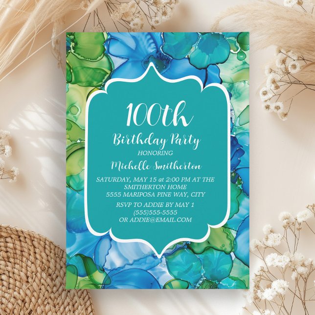 Invitación Cumpleaños número 100 acuarela azul verde turquesa (Blue and green alcohol ink 100th birthday party invitation)