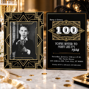 Invitación Cumpleaños número 100 Art Déco Negro Dorado Rugien