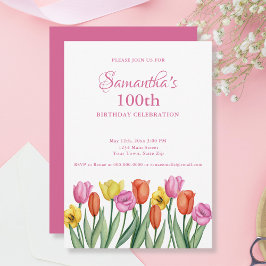 Invitación Cumpleaños número 100 con tulipanes acuarela