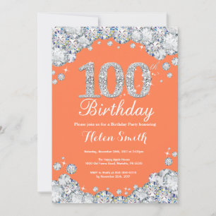 Invitación Cumpleaños número 100 Coral Plata Diamante