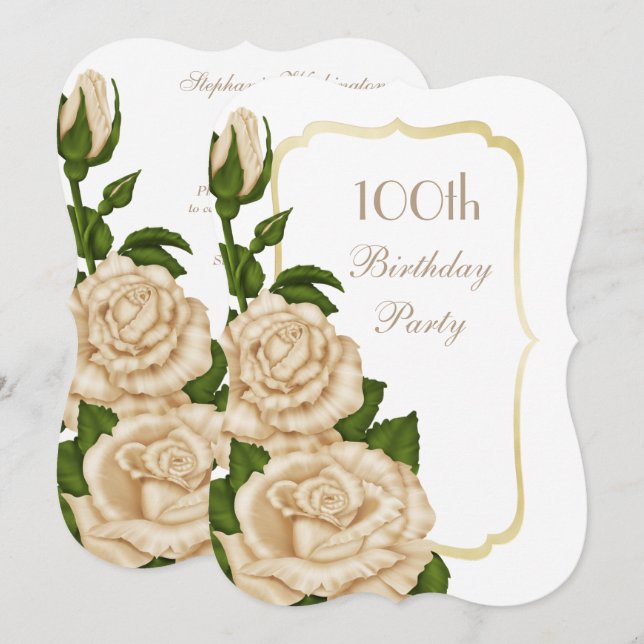 Invitación Cumpleaños número 100 de Chic Corner Ivory Roses (Anverso / Reverso)