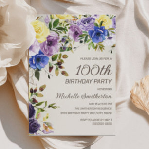 Invitación Cumpleaños número 100 de estilo floral en acuarela