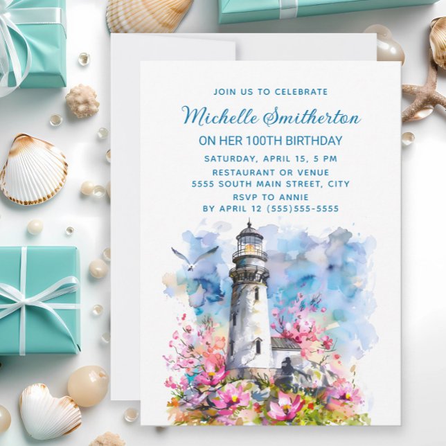 Invitación Cumpleaños número 100 de faro con flores rosadas (Lighthouse and cherry blossoms birthday party invitation)