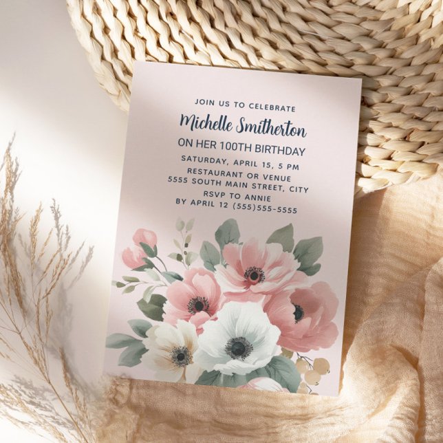 Invitación  Cumpleaños número 100 de flores acuarela rosadas  (Elegant pink and white watercolor floral 100th birthday party invitation)