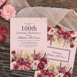 Invitación Cumpleaños número 100 de flores de Borgoña rosadas