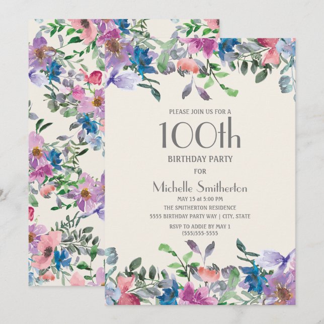 Invitación Cumpleaños número 100 de mujer con flores azules r (Anverso / Reverso)