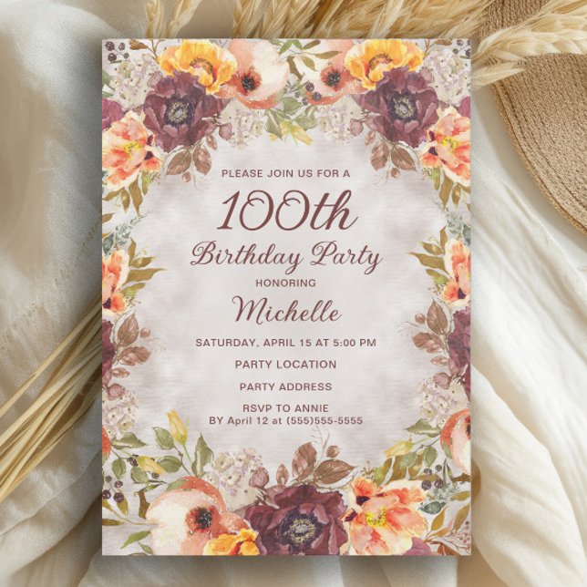 Invitación Cumpleaños número 100 de mujer con flores naranja  (Burgundy and burnt orange watercolor floral 100th birthday party invitation)