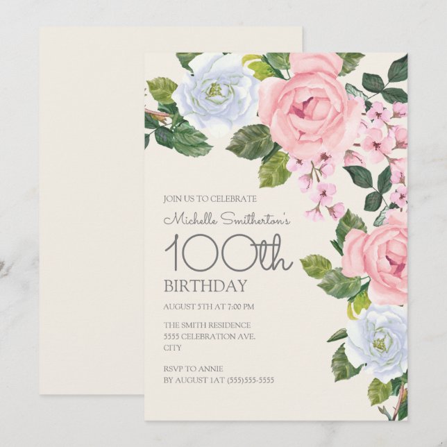 Invitación Cumpleaños número 100 de mujer con flores rosadas  (Anverso / Reverso)