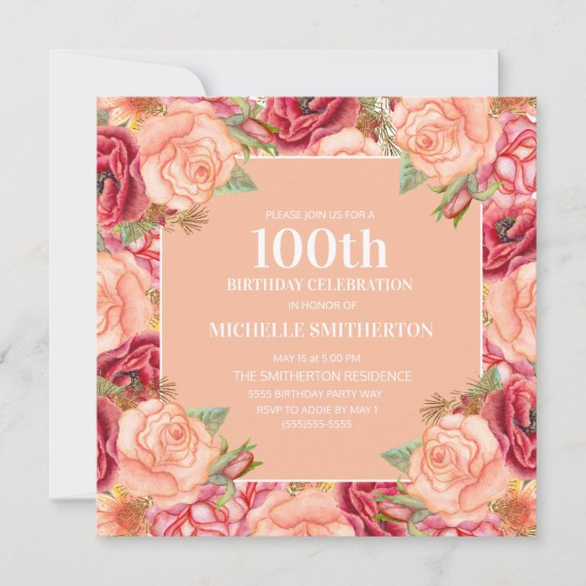 Invitación Cumpleaños número 100 de mujeres con flores rosada (Anverso)
