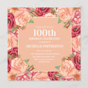 Invitación Cumpleaños número 100 de mujeres con flores rosada