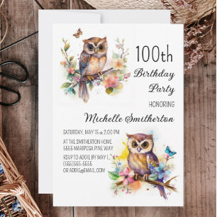 Invitación Cumpleaños número 100 de Owl Spring Flowers Butter