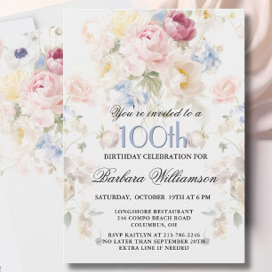 Invitación Cumpleaños número 100 de Rosa Elegante Pintada con