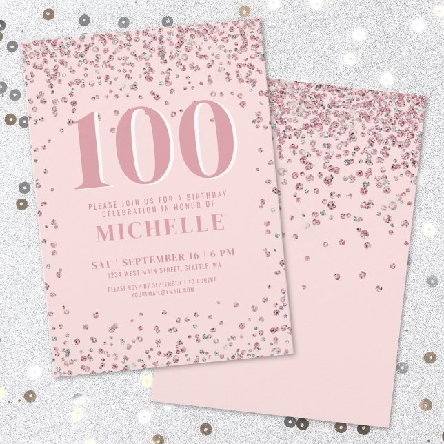 Invitación Cumpleaños número 100 de Rosa Rubor (Blush Pink 100th Birthday Invitation)