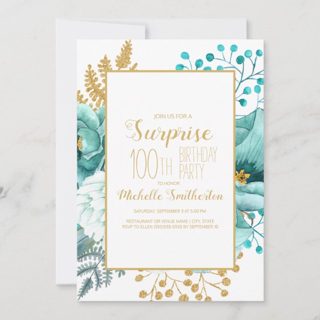 Invitación Cumpleaños número 100 de Teal Gold Floral (Anverso)