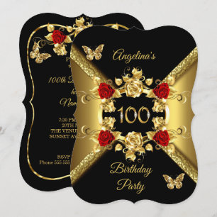 Invitación Cumpleaños número 100 Elegantes Rosas Rojas Dorada