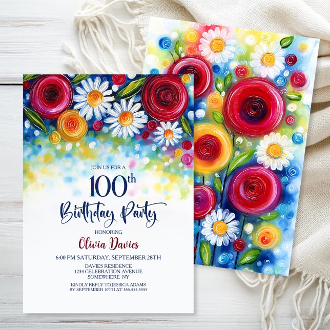 Invitación Cumpleaños número 100 Fiesta Floral Colorida (Subido por el creador)