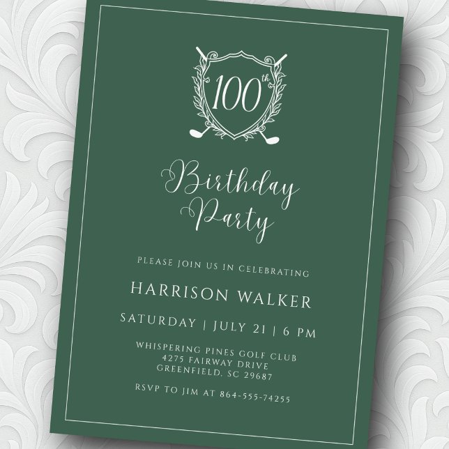 Invitación Cumpleaños número 100 Fiesta Golf Crest Escritura  (Rich green tones for a polished, upscale feel.)
