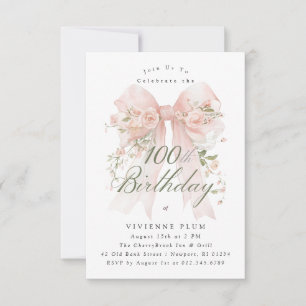 Invitación Cumpleaños número 100 Fiesta Rosa Coquette Lazo Ro