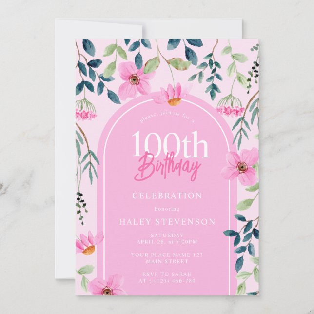 Invitación Cumpleaños número 100 floral botánico rosa y femen (Anverso)