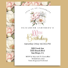 Invitación Cumpleaños número 100 Floral Peonía Rosa Rubor Bon