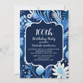 Invitación Cumpleaños número 100 flores azul polvoriento Navy