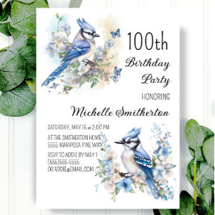 Invitación Cumpleaños número 100 Flores de Pájaro Arrendajo A