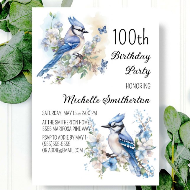 Invitación Cumpleaños número 100 Flores de Pájaro Arrendajo A (Subido por el creador)